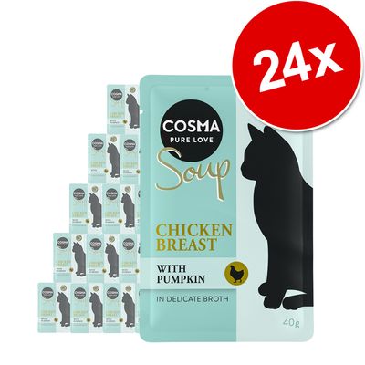 Cosma Pure Love Soup Chicken Breast with Pumpkin in Delicate Broth, 24 x 40g pouches shown. Black cat silhouette and chicken icon visible on packaging.
