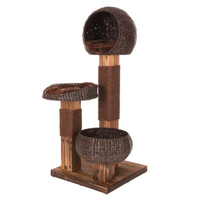 Multi-level scratching post with three woven baskets and sisal-wrapped posts on a wooden base, designed for climbing, resting, and scratching.