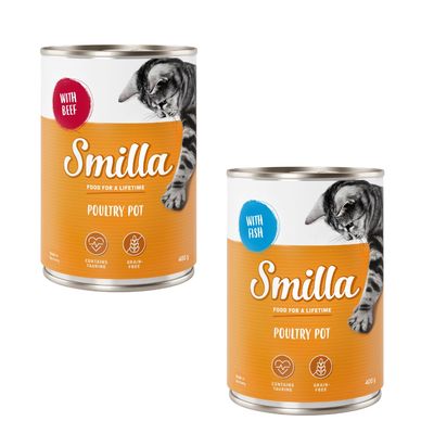 Smilla Poultry Pot with Lamb, 400 g. Zestaw 12 puszek. Na etykiecie: contains taurine, grain-free, food for a lifetime.
