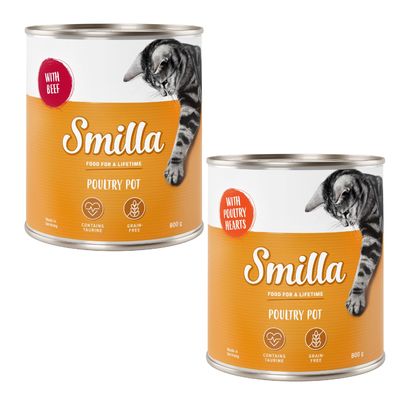 Smilla Poultry Pot with Beef, 12 puszek po 800 g. Na etykiecie: kot, napisy 'contains taurine', 'grain-free', 'made in Germany'.