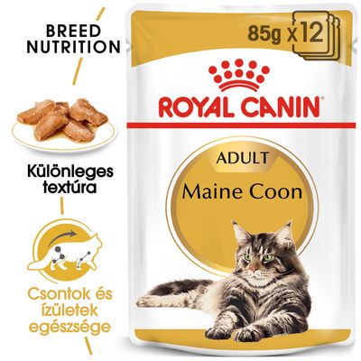 Royal Canin Adult Maine Coon 85 g x12, különleges textúra, csontok és ízületek egészsége. Csomagoláson fekvő Maine Coon macska képe.