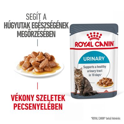 Royal Canin Urinary macskaeledel, vékony szeletek pecsenyelében. Segít a húgyutak egészségének megőrzésében. Csomagolás, tál étellel és macska látható.