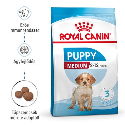 Royal Canin Puppy Medium 2–12 months kutyatáp csomagolás, erős immunrendszer, agyfejlődés, táp szemcseméret adaptált feliratokkal, 3. szakasz jelölés