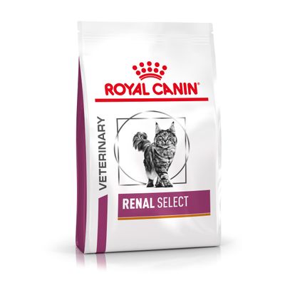 Royal Canin Veterinary Renal Select macskaeledel, csomagolás macskával és látható terméknévvel.