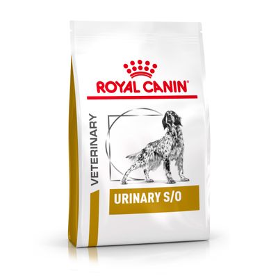 Royal Canin Veterinary Urinary S/O, csomag kutyaképpel és arany jelöléssel.