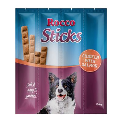 Rocco Sticks jutalomfalat csomag, 36x. Csomagoláson: Rocco Sticks, With Poultry, kutya képe, pálcika formájú falatok láthatók.