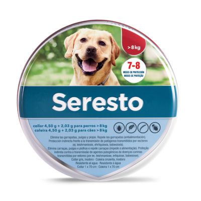 Seresto collar 1,25 g + 0,56 g para perros ≤8 kg. 7-8 meses de protección. Resistente al agua. Collar 1 x 38 cm. Elimina garrapatas, pulgas y piojos. Texto en español y portugués.