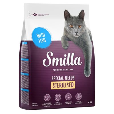 Smilla Special Needs Sterilised hrana za mačke s ribom, 4 kg. Ponovno zatvorivo, sadrži omega masne kiseline, taurin i Yucca Schidigera. Proizvedeno u Njemačkoj.