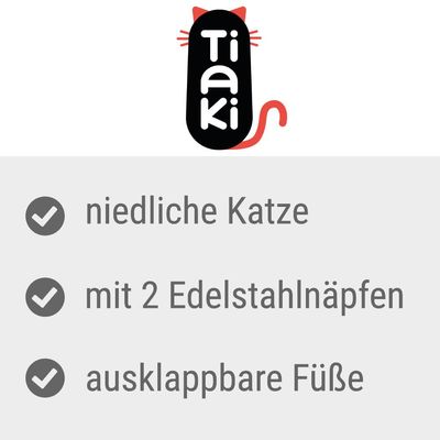 Tiaki-logo s tekstom: slatka mačka, s 2 posude od nehrđajućeg čelika, sklopive noge.