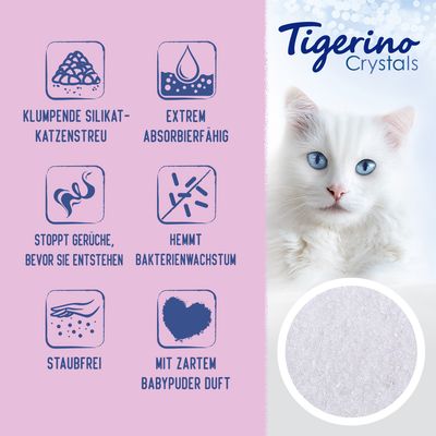 Tigerino Crystals Katzenstreu: klumpend, extrem absorbierfähig, stoppt Gerüche bevor sie entstehen, hemmt Bakterienwachstum, staubfrei, mit zartem Babypuder Duft.