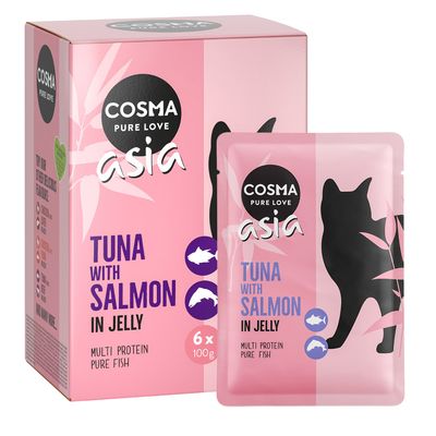 Cosma Pure Love Asia Tuna with Crab in Jelly, 6×100g, multi protein, pure fish & seafood feliratú macskaeledel csomagolás látható.