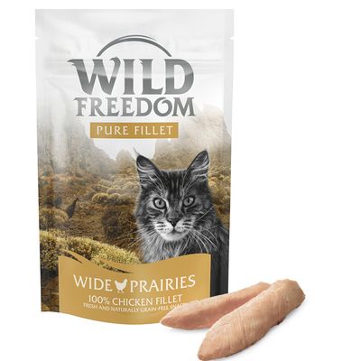 Wild Freedom Pure Fillet Wide Prairies, 100% csirkefilé, friss és természetes gabonamentes snack. Csomagolás macskamintával, látható csirkefilé darabokkal.