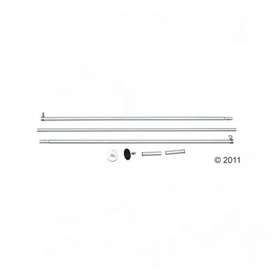 Set aus drei silbernen Metallstangen mit Verbindungsstücken und Befestigungselementen, geeignet für Montagezwecke. Set aus drei silbernen Metallstangen mit Verbindungsstücken und Befestigungselementen, geeignet für Montagezwecke.
