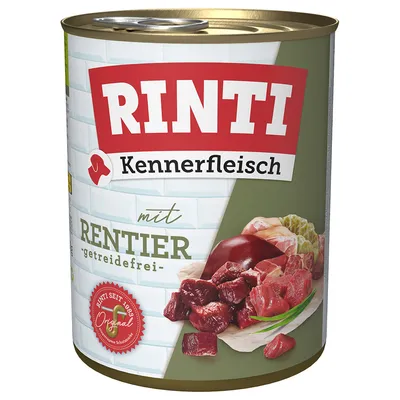 RINTI Kennerfleisch mit Rentier, getreidefrei. RINTI seit 1983 Original. Abbildung von Fleischstücken und Innereien. RINTI Kennerfleisch mit Rentier, getreidefrei. RINTI seit 1983 Original. Abbildung von Fleischstücken und Innereien.