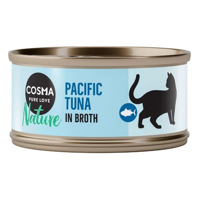 Cosma Pure Love Nature Pacific Tuna in Broth. Cat food can with silhouette of a cat and fish symbol.
