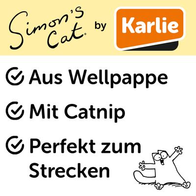 Kratzbrett aus Pappe mit schräger Oberfläche, dekoriert mit Simon's Cat Illustrationen. Geeignet für Krallenpflege von Katzen.