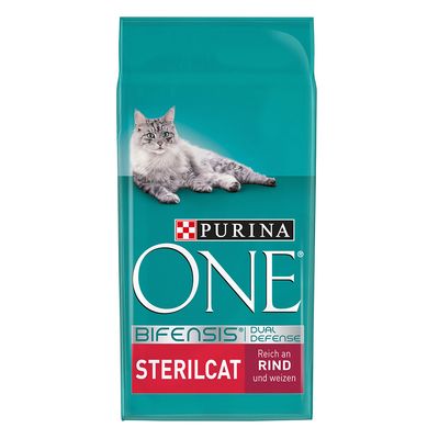 Purina ONE Bifensis Sterilcat, reich an Rind als Zutat Nr. 1. Verpackung mit Bild einer grauen Katze, Fleischstücken, Getreide und Kräutern.