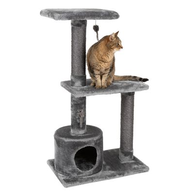 Grey cat tree with three levels, cave and toy. Cat sitting on the middle level.