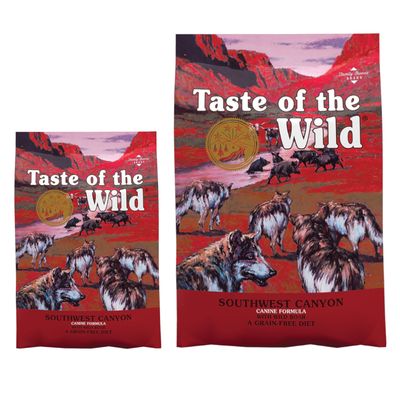 Taste of the Wild Pine Forest Canine Formula mit Wild und Hülsenfrüchten, getreidefreie Ernährung. Verpackung mit Waldmotiv und Tieren.