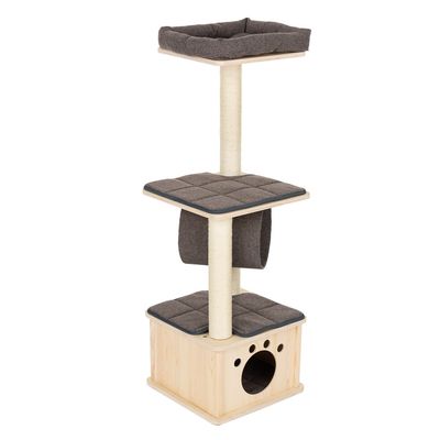 Cat tree made of wood with three levels, sisal posts, padded lying areas and cave with paw motif. Tunnel between the levels.