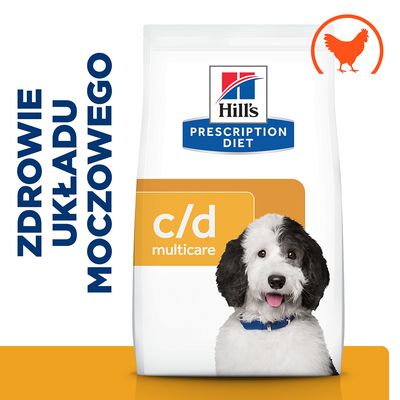 Hill's Prescription Diet c/d multicare, zdrowie układu moczowego, opakowanie z psem i ikoną kurczaka