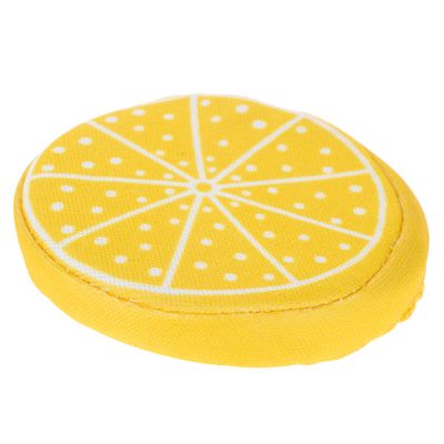 Juguete redondo amarillo de tela con diseño de limón, apto para mascotas.