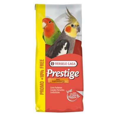 Versele-Laga Prestige Big Parakeets, eleség nagy hullámos papagájoknak, 100% Pure Nature. A csomagoláson két madár és magkeverék látható.