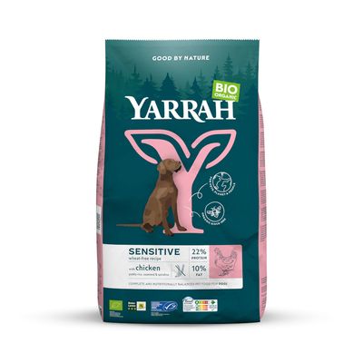 Yarrah Bio Sensitive kutyatáp, búzamentes, csirkehússal, 22% fehérje, 10% zsír. Tanúsítványok: EU-Bio-Siegel, Planet & People, Organic since 1992.