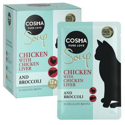 Cosma Pure Love Soup Chicken Breast with Pumpkin macskaeledel, 24×40 g tasakos csomagolásban. Látható szöveg: in delicate broth.