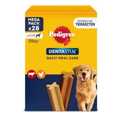 Pedigree Dentastix Daily Oral Care Mega Pack x28 nagytestű kutyáknak 25 kg-tól, állatorvosokkal fejlesztve, marha és csirke ízben.