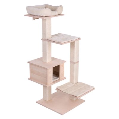 Cat tree made of light wood with multiple levels and resting areas, cat stretching on it. Living room with blue armchair, carpet and plant in the background.