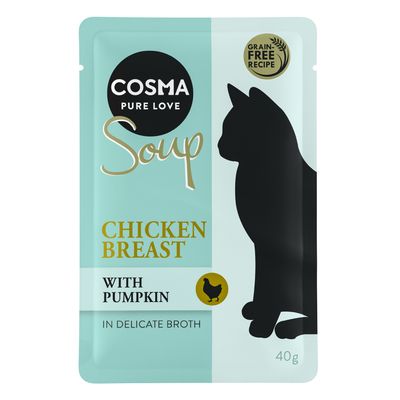 Cosma Soup, chicken breast with pumpkin in delicate broth, grain-free recipe, 40g. Silhouette of a cat and chicken symbol visible.
