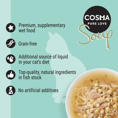 Premium supplementary wet food, grain-free, provides extra liquid, made with top-quality natural ingredients in fish stock, contains no artificial additives.