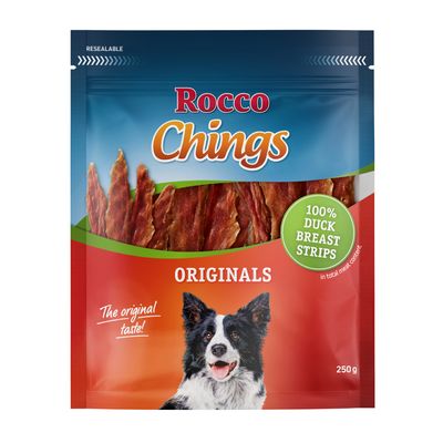 Rocco Chings Originals, 100% csirkemell csíkok, 250g. Csomagolás kutyaképpel és visszazárható kialakítással.
