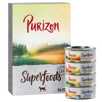 Purizon Superfoods karma dla kotów, 6x70g puszek: dzik, jeleń, kurczak, tuńczyk. Wysoka zawartość białka 13%, bez zbóż.