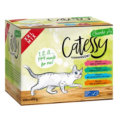 Catessy XXL csomag 144 tasakkal. Fajták: marha & máj, vad & szárnyas, borjú & pulyka, ASC-lazac & pisztráng. Falatok szószban. ASC tanúsítvánnyal. Tálalási javaslat látható.