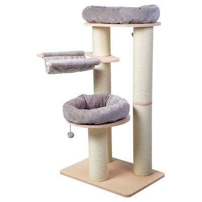 Cat tree with three levels, two grey resting platforms, a hammock and sisal-wrapped posts on a wooden base.