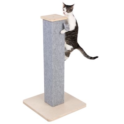 Scratching post with felt cover and wooden base, cat climbing on it. Toy shaped like a cat's face hanging from the post.
