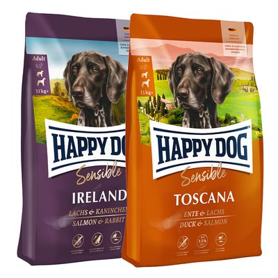 Dva pakiranja Happy Dog Sensible hrane za pse, Irland i Neuseeland, 11 kg. Crveni simbol postotka označava posebnu ponudu ili popust.