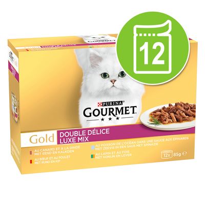 Purina Gourmet Gold Double Délice Luxe Mix, 12x85g. Variedades: pato y pavo, ternera y pollo, pescado en salsa de espinacas, conejo e hígado.