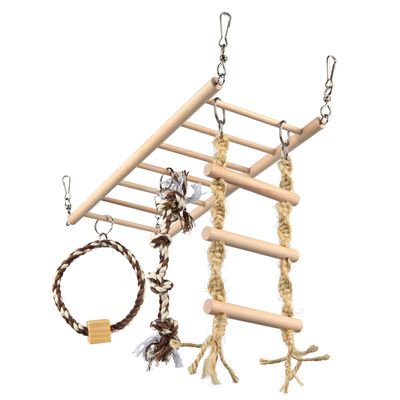 Juguete de madera para pájaros con escalera, aro de cuerda y cuerdas para trepar. Con ganchos metálicos para fijación.