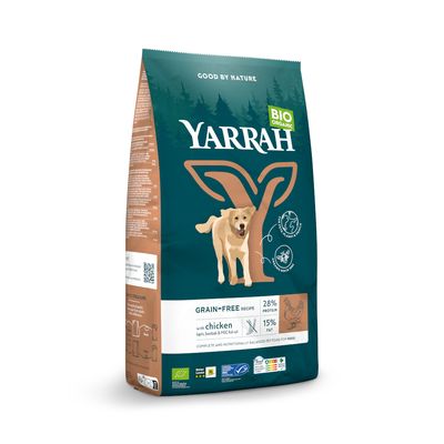 Yarrah Bio Organic gabonamentes kutyaeledel csirkével, 28% fehérje, 15% zsír. Tanúsítványok: EU-Bio-Siegel, Eco Control, Good Shopping Guide.