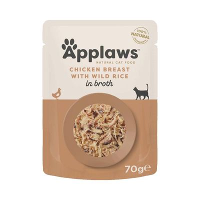 Applaws natural cat food, chicken breast with wild rice in broth, 100% natural ingredients, 70g pouch shown with visible contents.