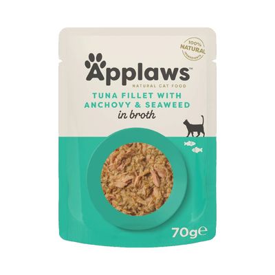 Applaws tuna fillet with anchovy and seaweed in broth, 100% natural ingredients, 70g pouch.