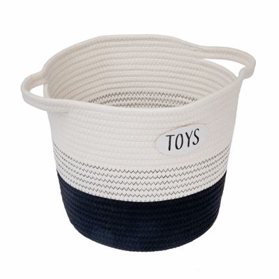 Cesta blanca y azul con la inscripción 'Toys', adecuada para guardar juguetes.