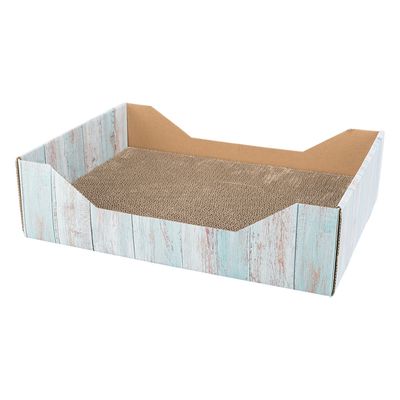 Cardboard box with scratching surface made of corrugated cardboard, side walls in blue and white wood design.