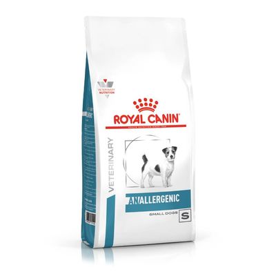 Royal Canin Veterinary Anallergenic Small Dogs, csomag kutyaképpel és S mérettel.