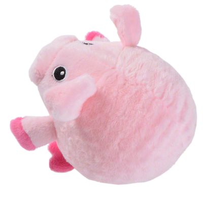 Rózsaszín, plüss anyagú, gömbölyű malac formájú kutyajáték fekete szemekkel és rózsaszín fülekkel, lábakkal.