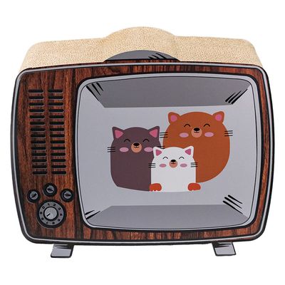 Cat cave in the shape of a retro television made of cardboard with a wood look and scratching surface inside.