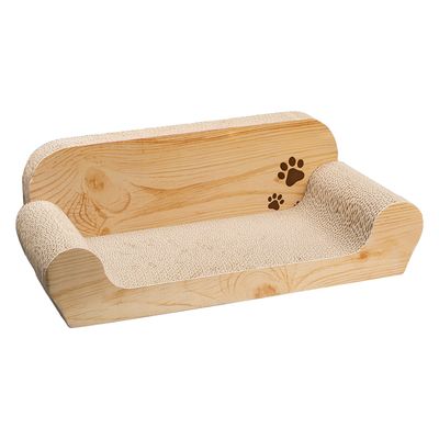 Kratzmöbel aus Holzoptik mit wellenförmiger Kratzfläche aus Pappe und zwei Pfotenabdrücken als Dekor.